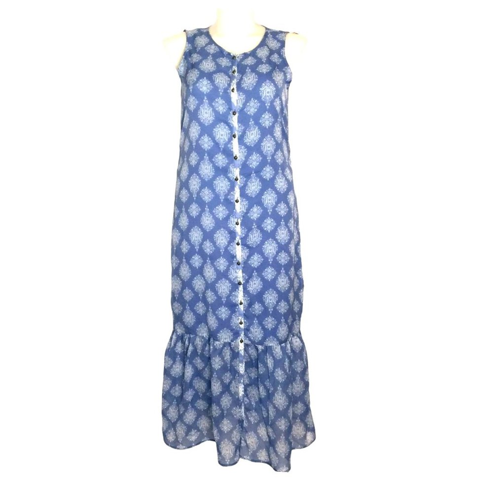Lucky Brand Blue Ikat Maxi Dress Small Sleeveless Ruffle Bottom Buttons